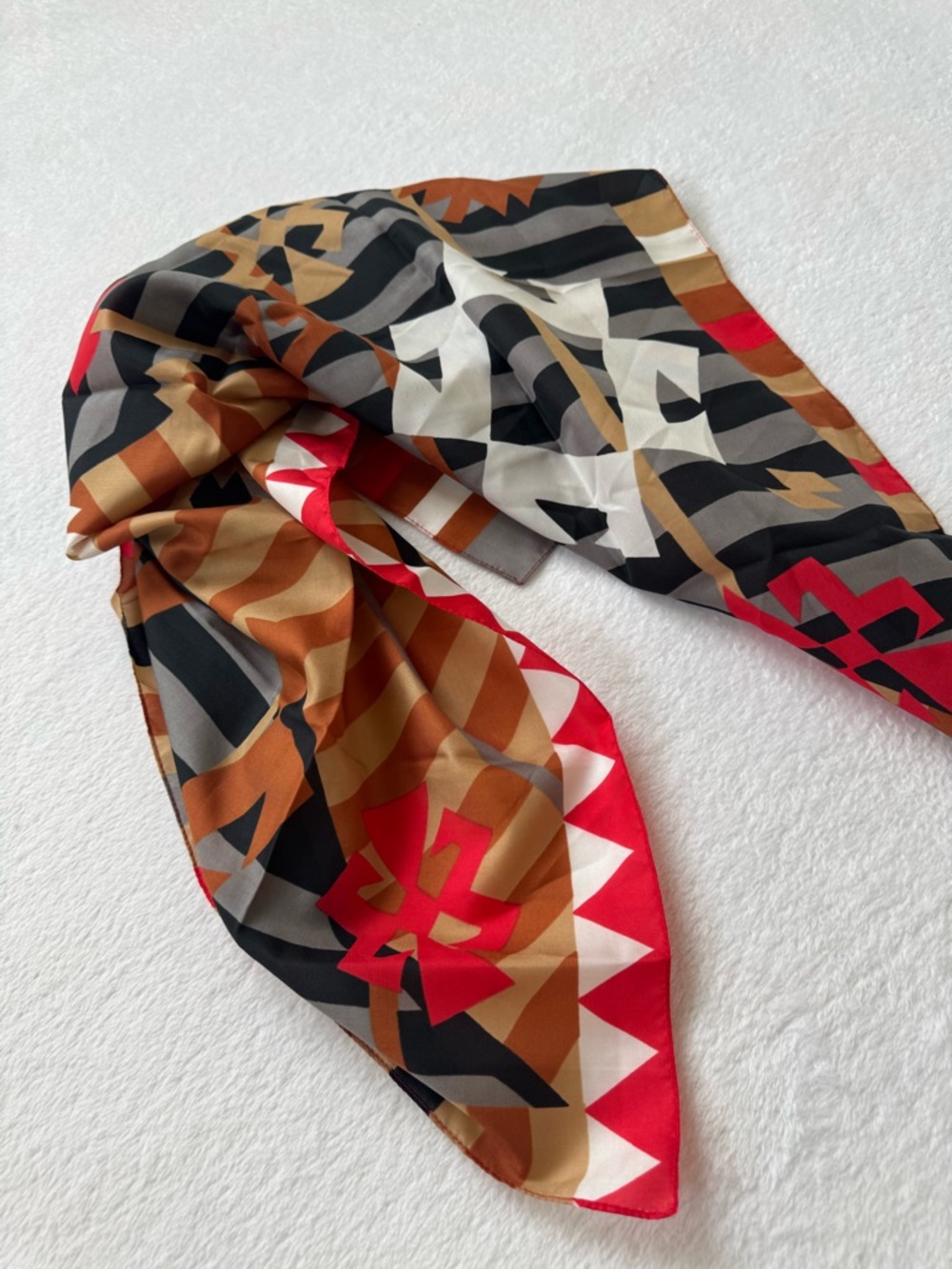 Geometric Pattern Scarf in Black, Brown, Red & Cream - Picture 2 of 6